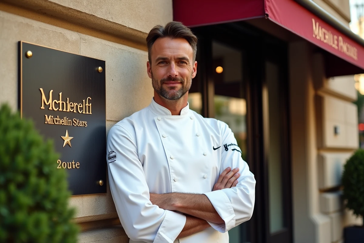 Chef cuisinier français posant fièrement devant la plaque d'étoiles Michelin de son restaurant
