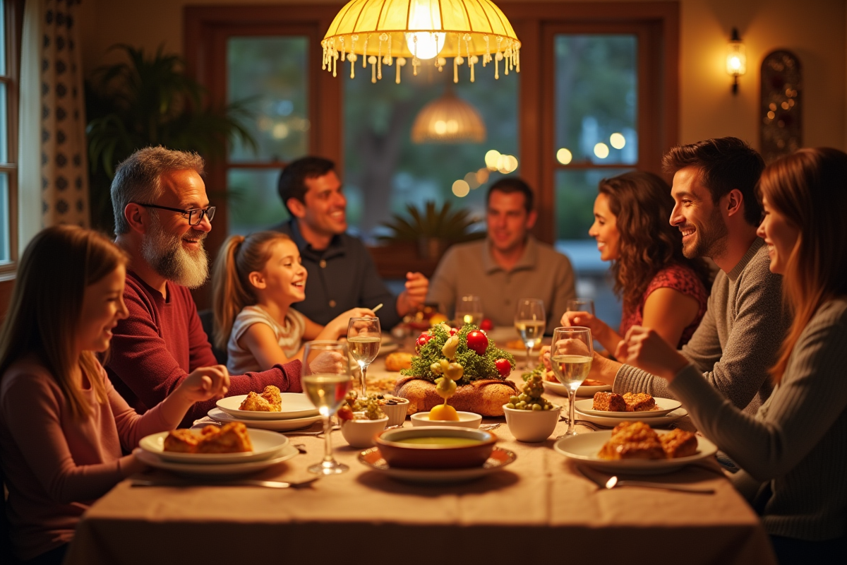 Famille québécoise partageant un repas traditionnel festif