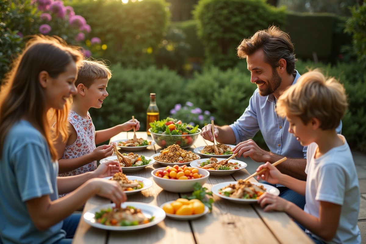 Famille de quatre partageant un repas en plein air dans le jardin