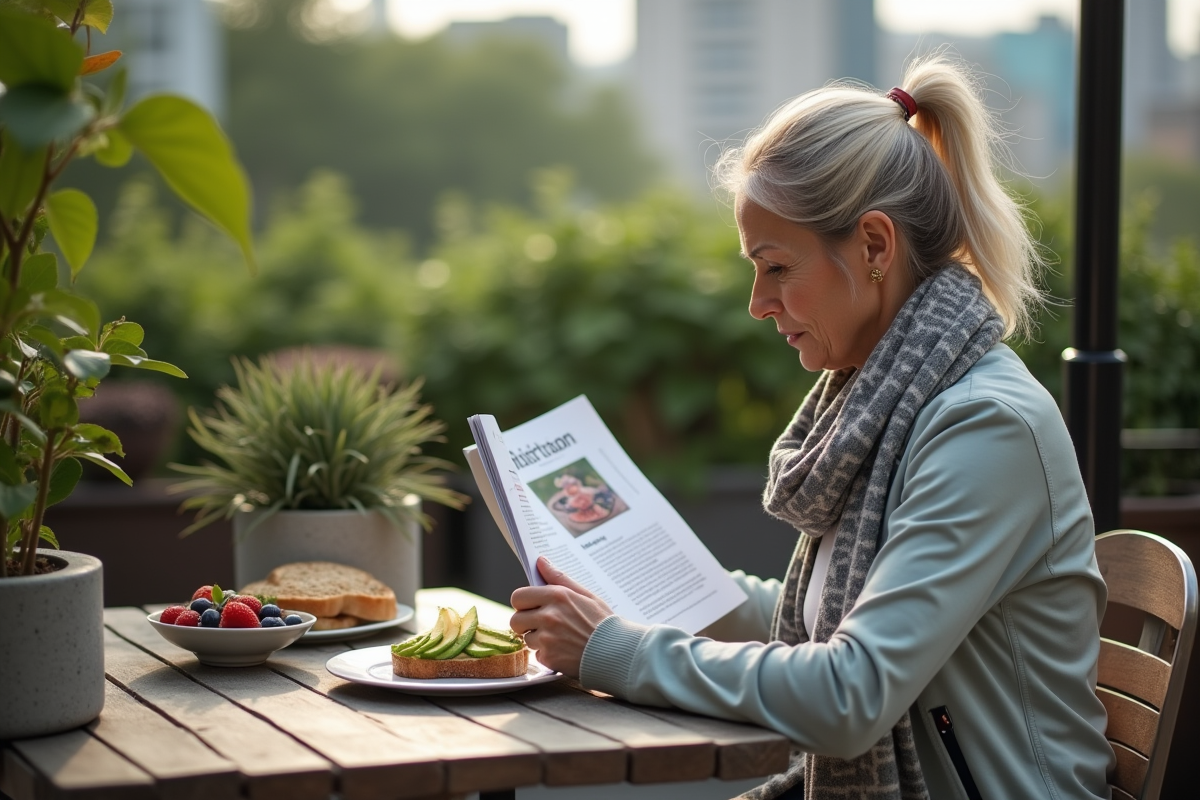 Femme active lisant magazine santé en terrasse