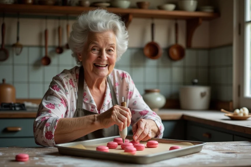 Femme âgée préparant des macarons dans une cuisine chaleureuse