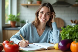 Femme souriante écrivant notes sur légumes V dans une cuisine lumineuse