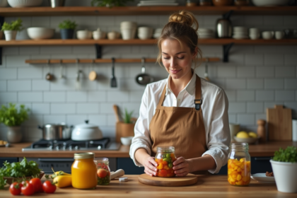 Femme en tablier scellant un bocal de légumes fermentés