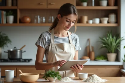 Femme consultant un convertisseur de recettes sur tablette dans une cuisine moderne en bois et marbre