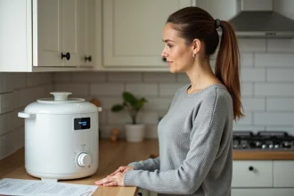 Femme perplexe devant un multicuiseur Cookeo affichant un code erreur dans une cuisine moderne