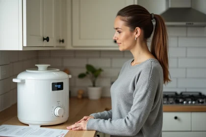 Femme perplexe devant un multicuiseur Cookeo affichant un code erreur dans une cuisine moderne