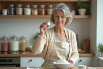 Femme en cardigan crème tenant un sucre cube dans une cuisine chaleureuse