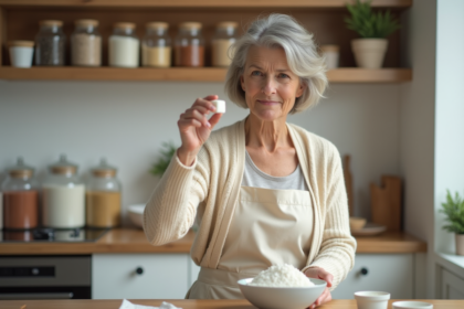 Femme en cardigan crème tenant un sucre cube dans une cuisine chaleureuse