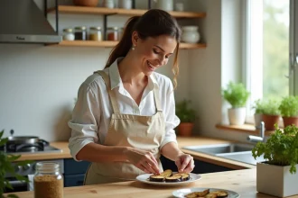 Femme en cuisine préparant des tranches d'aubergine grillée