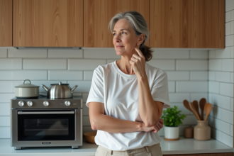 Femme contemplant un four vapeur et un micro-ondes modernes dans sa cuisine