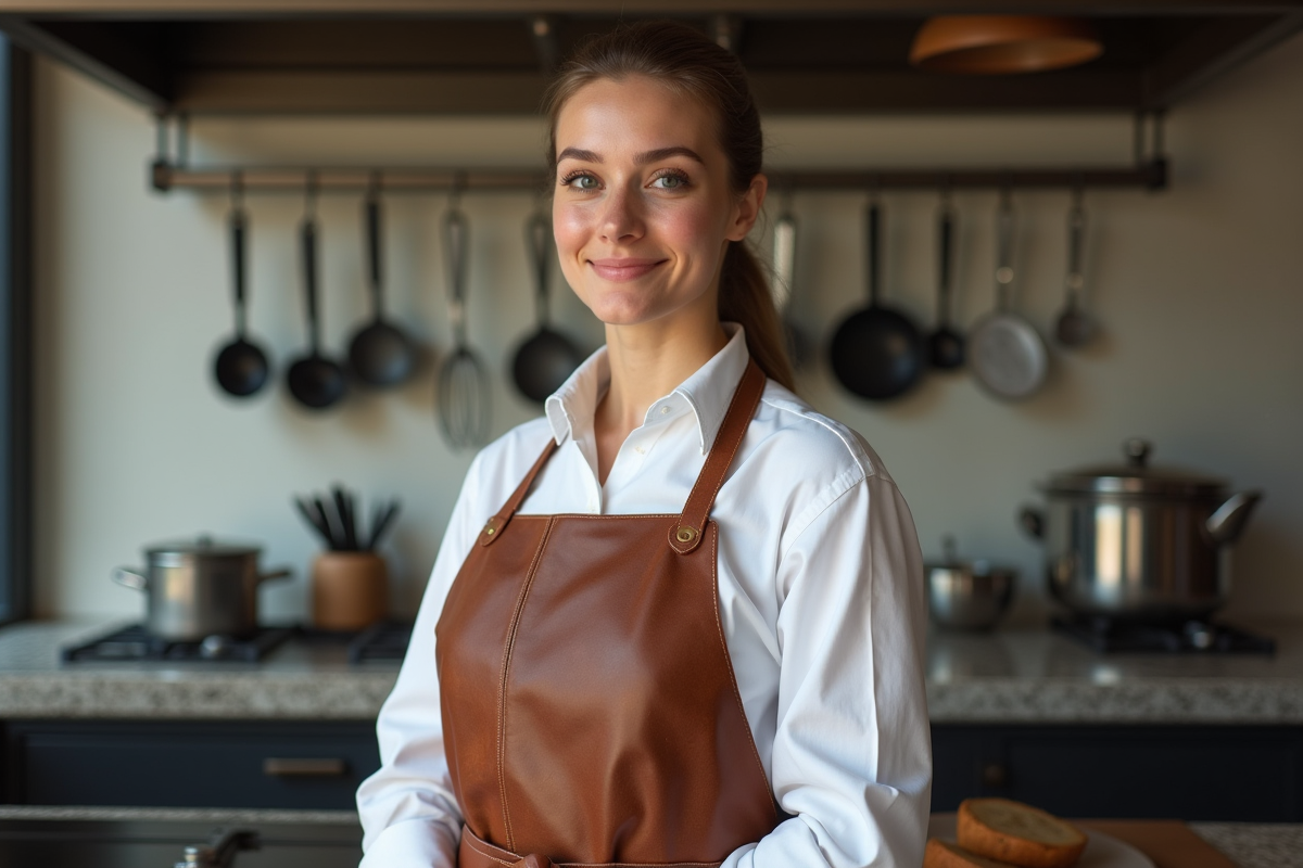 Jeune femme ajustant son tablier en cuisine moderne