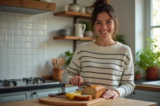 Femme souriante coupant du pain aux bananes et yogourt