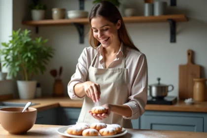 Jeune femme saupoudrant des beignets de banane sans gluten