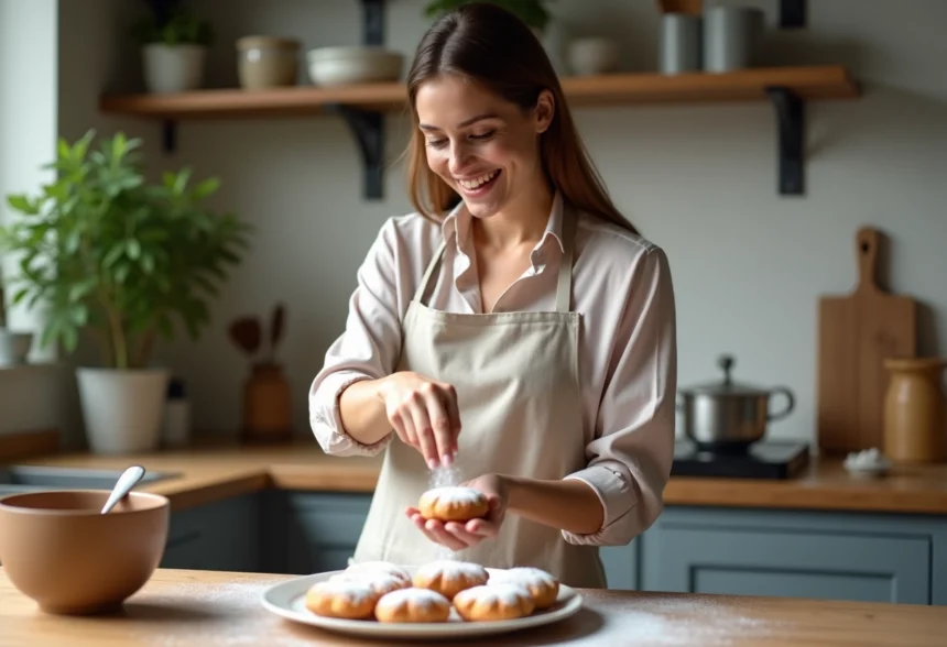 Jeune femme saupoudrant des beignets de banane sans gluten