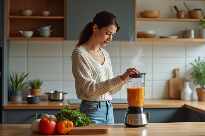 Femme dans la cuisine avec un blender chaud en action