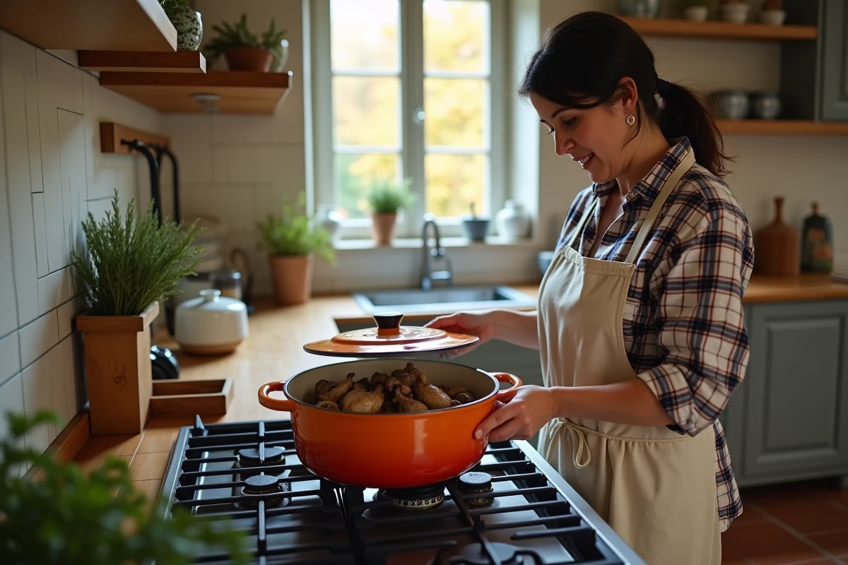 Femme cuisinant des cuisses de canard aux champignons forestiers dans une cocotte émaillée sur une cuisinière dans une cuisine de campagne