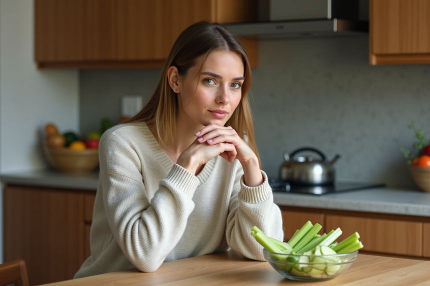 Femme assise à la cuisine avec légumes frais