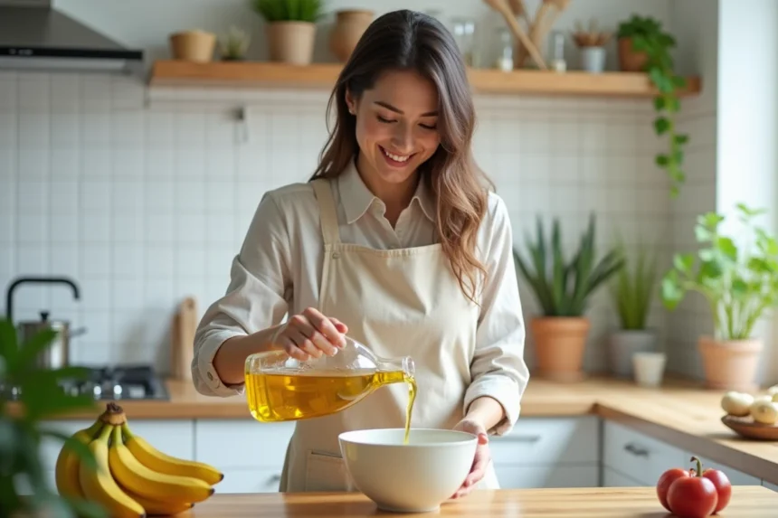 Femme versant de l'huile végétale dans un bol de cuisine
