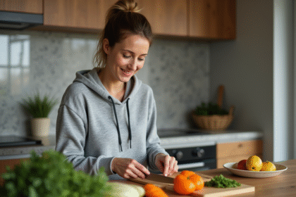 Femme coupant des légumes frais dans une cuisine moderne