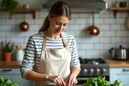 Femme en tablier de lin préparant des légumes de saison d'avril sur une planche en bois dans une cuisine maison