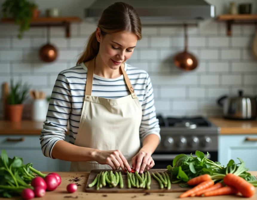 Femme en tablier de lin préparant des légumes de saison d'avril sur une planche en bois dans une cuisine maison