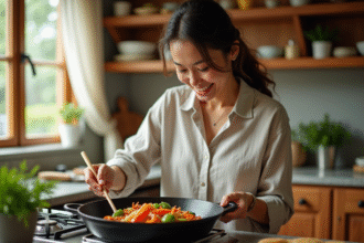Femme souriante cuisine légumes dans une cuisine chaleureuse