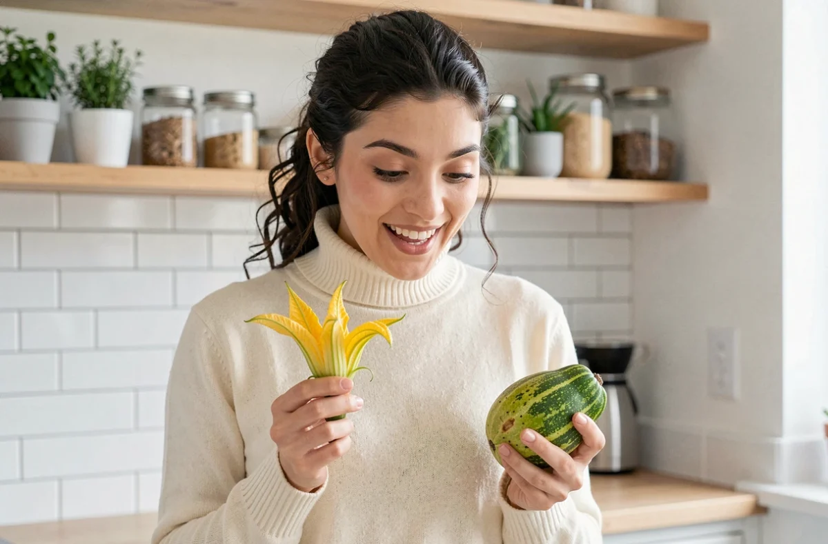 Jeune femme tenant une fleur de courgette et un zapote dans une cuisine moderne, exprimant une surprise authentique face à ces légumes et fruits en Z méconnus