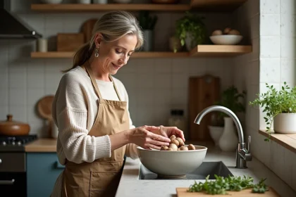 Femme dans la cuisine rinsant des champignons Charbonnier