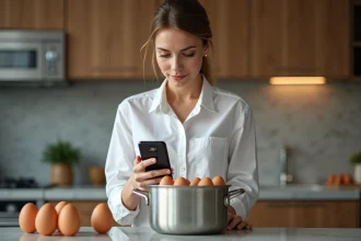 Femme vérifiant un minuteur digital avec des œufs dans la cuisine