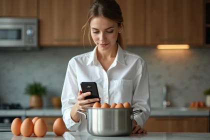 Femme vérifiant un minuteur digital avec des œufs dans la cuisine