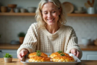 Femme souriante préparant un plateau de escalopes de poulet dorées