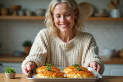 Femme souriante préparant un plateau de escalopes de poulet dorées