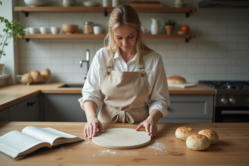 Femme en tablier en lin choisissant entre pierre à pizza et carreau de cuisson