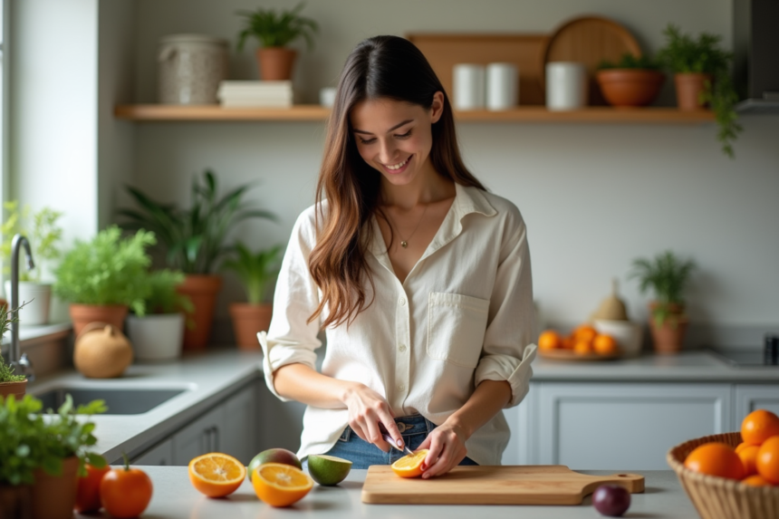 Jeune femme en cuisine coupant un fruit exotique