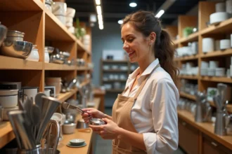Femme souriante choisissant des ustensiles de cuisine modernes