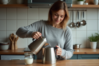 Femme versant du vinaigre dans une bouilloire en cuisine