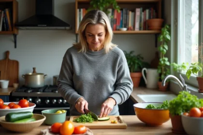 Femme préparant un gratin de courgettes dans une cuisine chaleureuse
