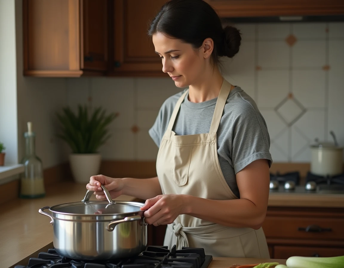 Femme fermant une cocotte minute avec des endives sur une gazinière dans une cuisine familiale