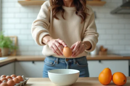 Femme inspectant un œuf dans l'eau dans la cuisine