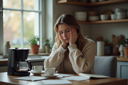 Femme fatiguée attendant son café au matin