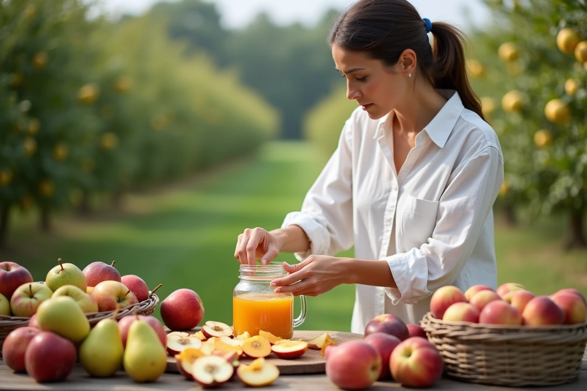 Femme cueillant et préparant des fruits dans un verger