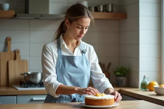 Femme en cuisine pressant un gâteau aux amandes fait maison