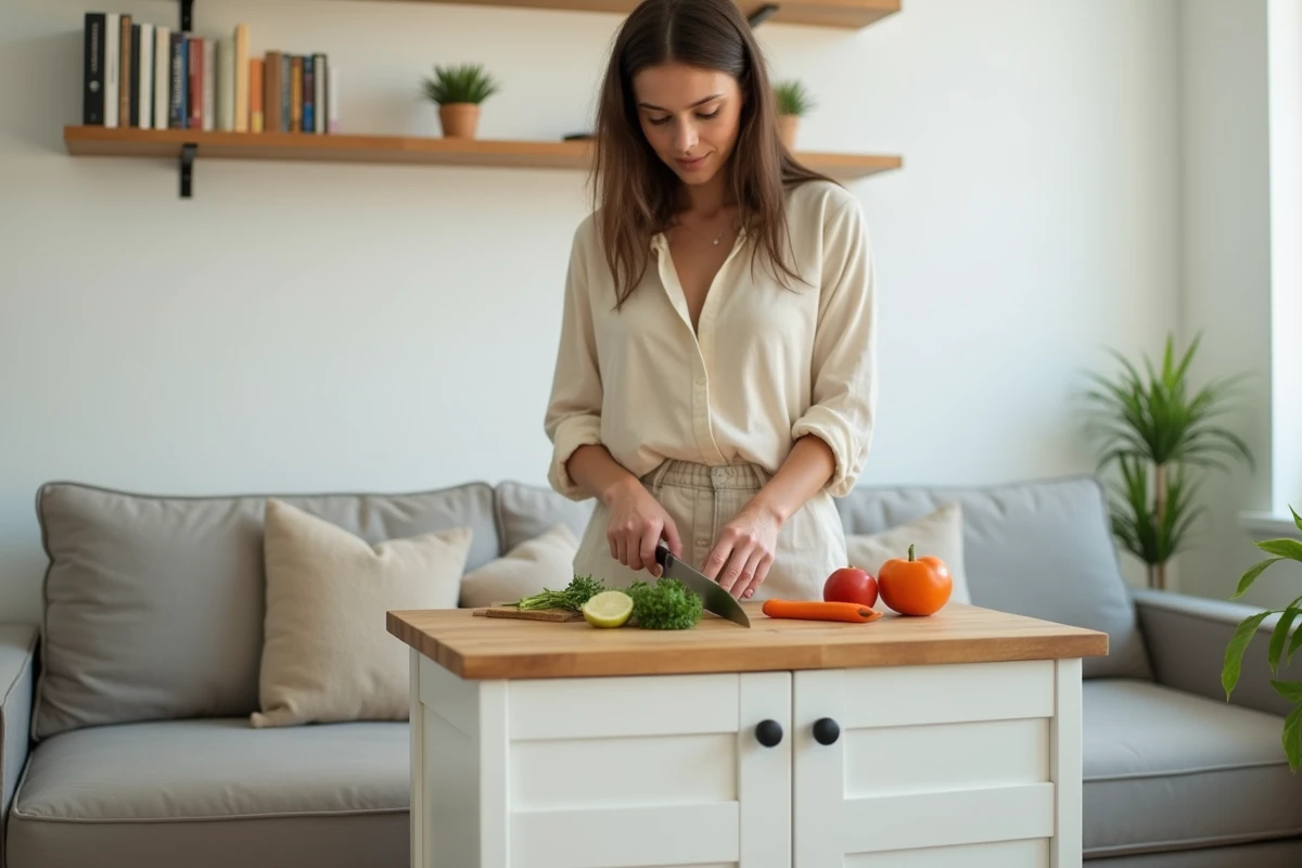 Jeune femme cuisinant dans un studio avec îlot de cuisine IKEA mobile sur petit espace