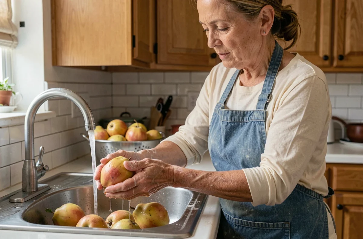 Femme lavant des coings entiers non pelés sous l'eau du robinet dans une cuisine familiale