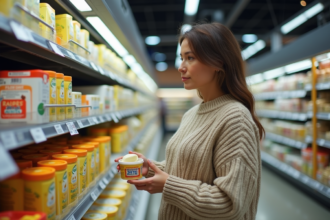 Femme lisant attentivement étiquettes nutrition dans le rayon frais