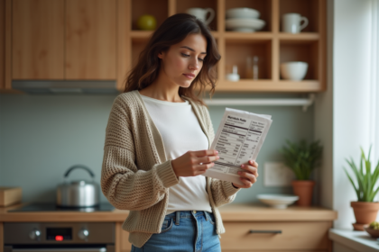 Femme lisant une étiquette nutritionnelle dans sa cuisine
