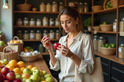 Femme inspectant des fruits biologiques imparfaits dans un magasin anti-gaspi proposant des produits frais et bio
