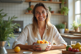 Femme souriante mangeant un bol de fruits frais à la maison