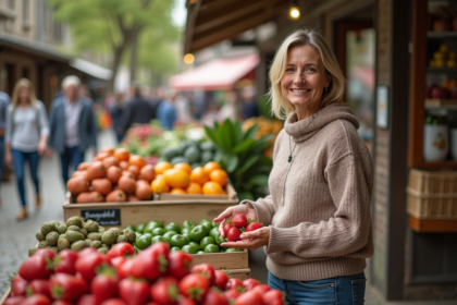 Femme souriante choisissant des fraises au marché