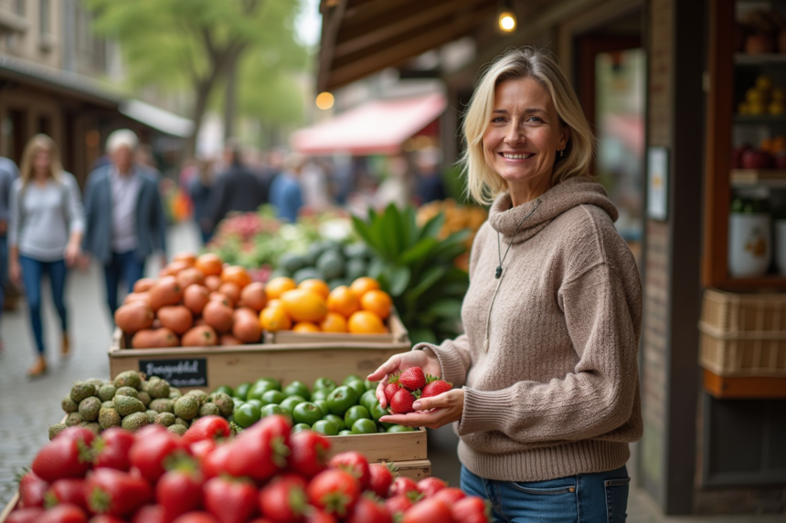 Femme souriante choisissant des fraises au marché